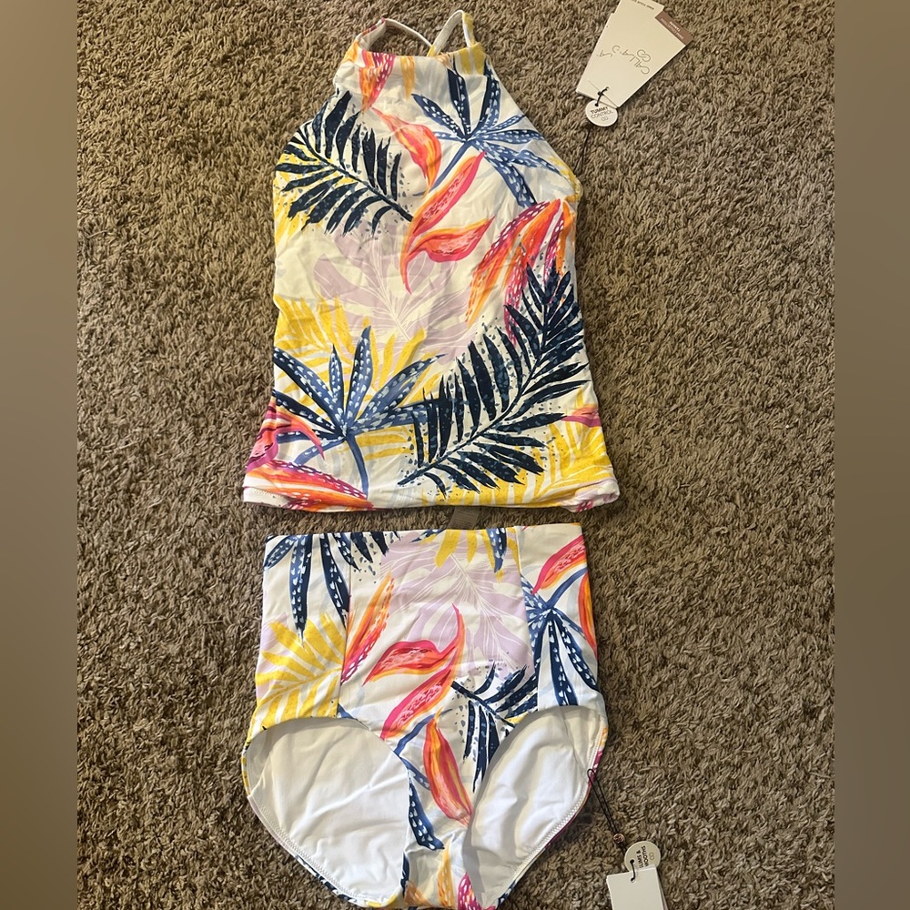 CALIA WATERCOLOR PALMS TANKINI SET: TOP AND BOTTOM: NWT: SZ XS
